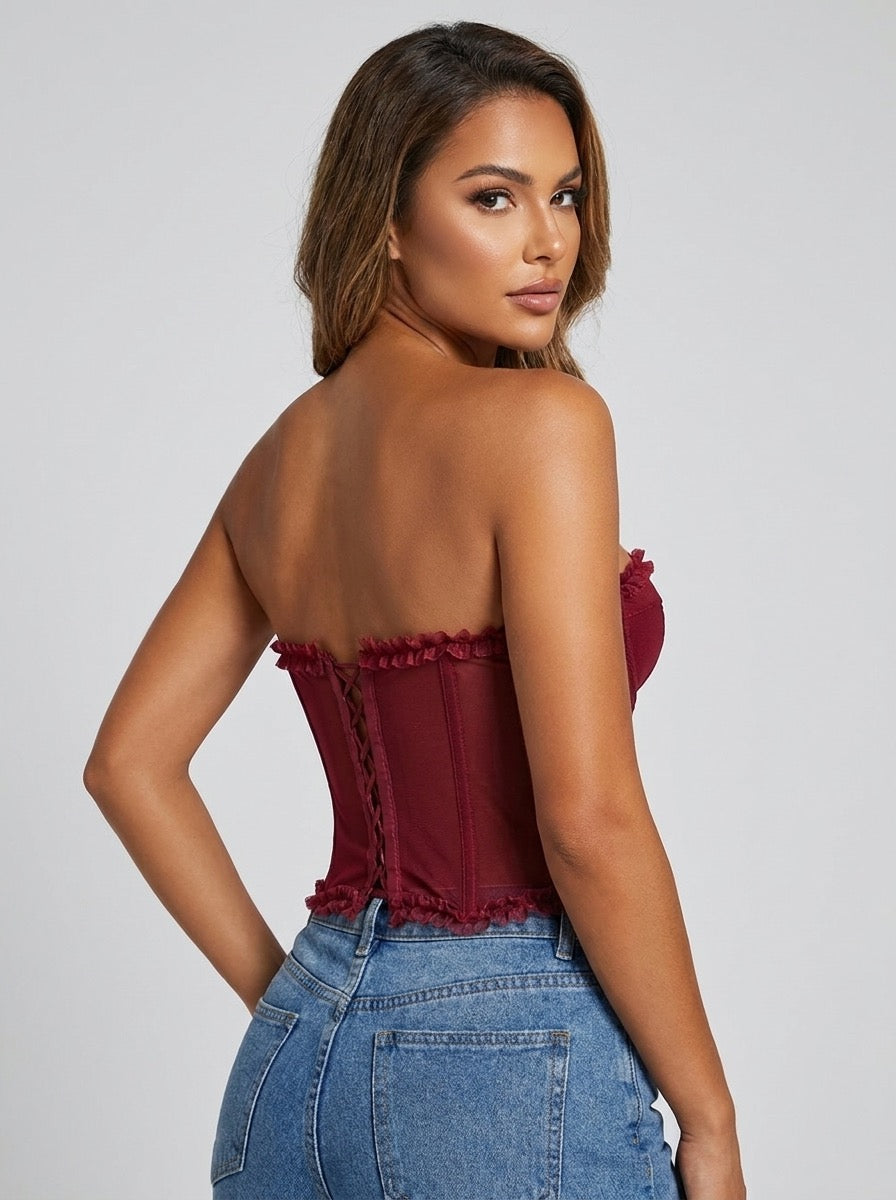 Calla Sheer Mesh Ruffle Corset Bustier Top on model