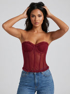 Calla Sheer Mesh Ruffle Corset Bustier Top on model