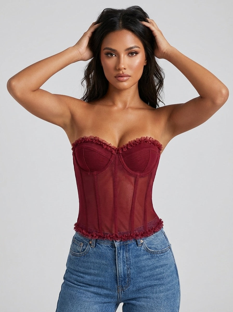 Calla Sheer Mesh Ruffle Corset Bustier Top on model