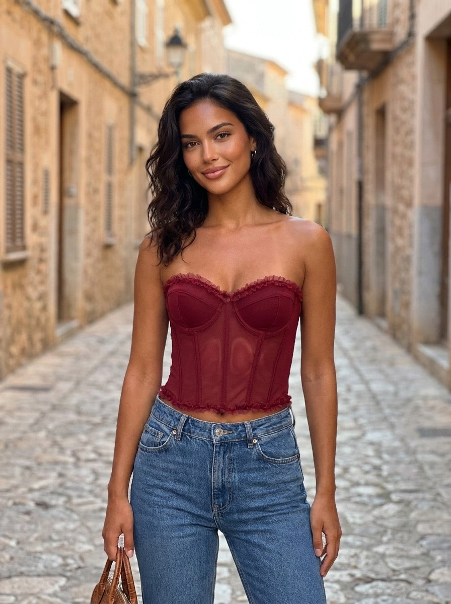 Calla Sheer Mesh Ruffle Corset Bustier Top on model