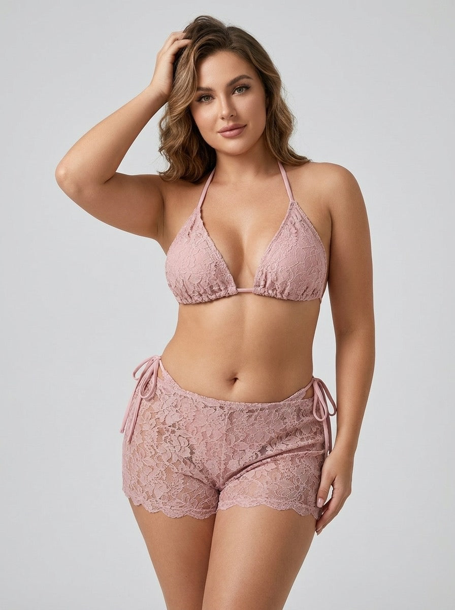Calliope Lace Bikini & Shorts Set on model