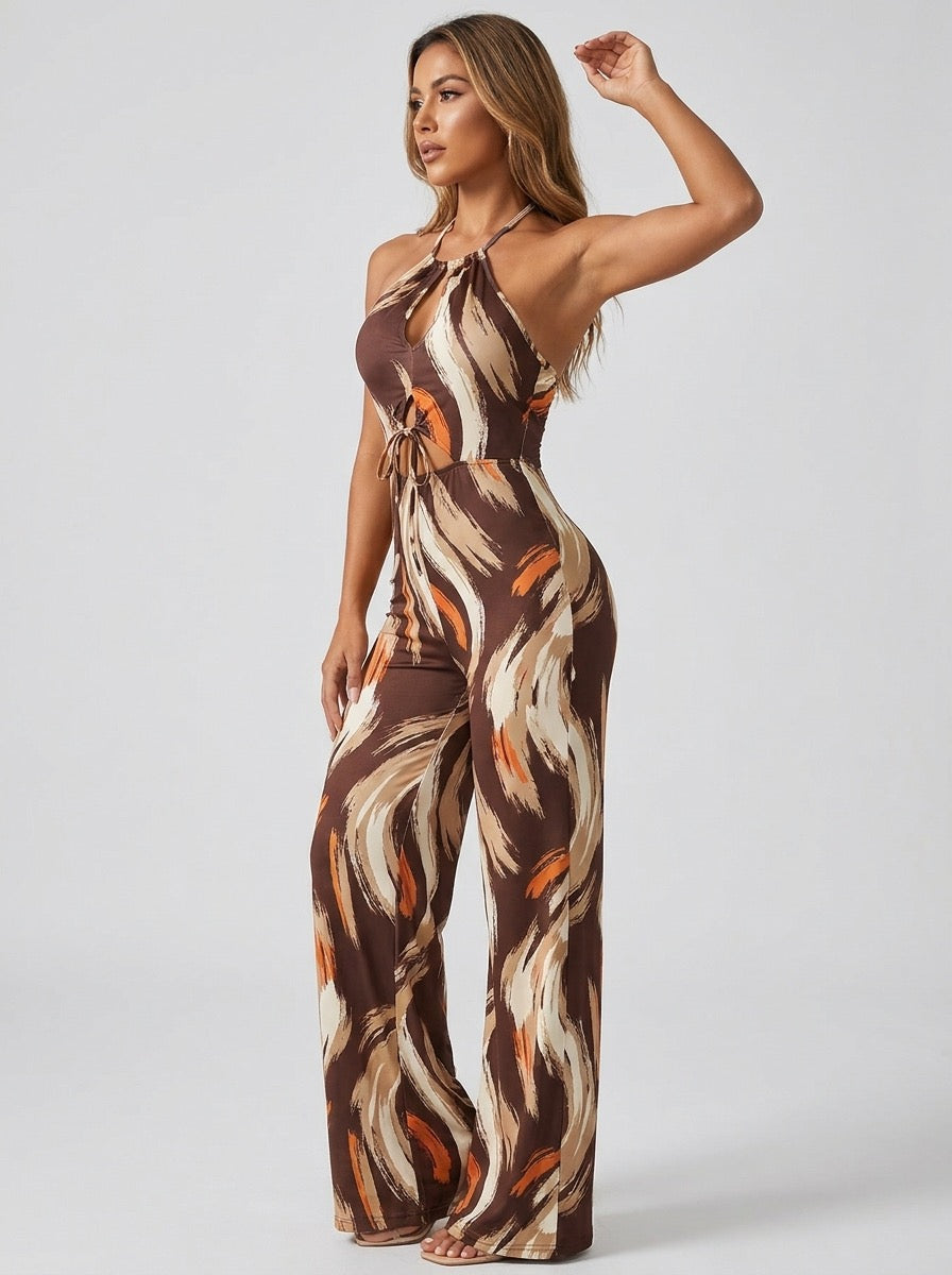 Candida Halter Neck Wide Leg Jumpsuit on model