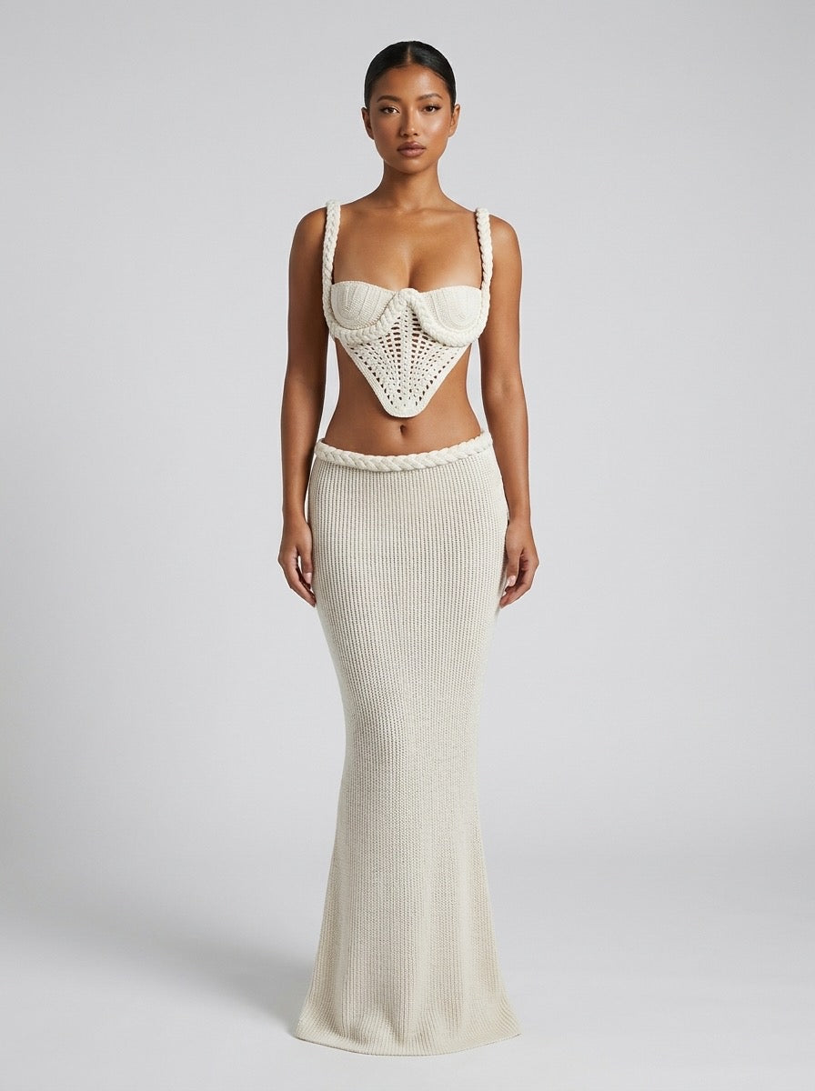 Capria Crochet Bustier Co-Ord Set on model