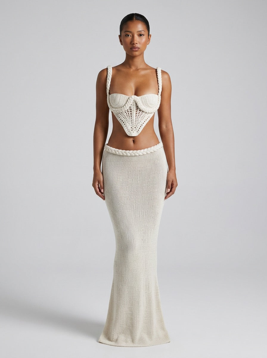 Capria Crochet Bustier Co-Ord Set on model