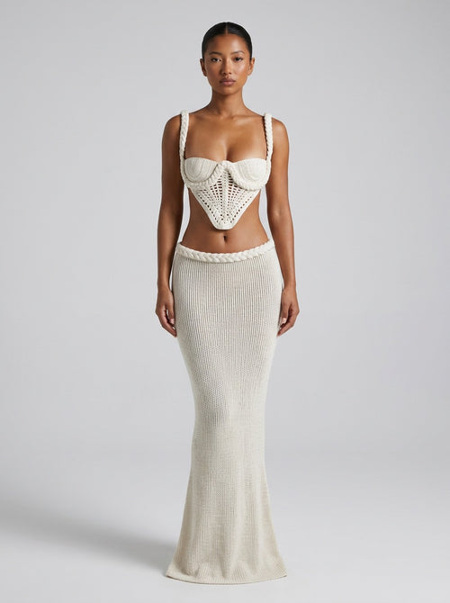 Capria Crochet Bustier Co-Ord Set on model