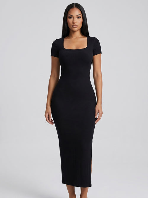 Carla Square-Neck Ribbed Midi Dress on model