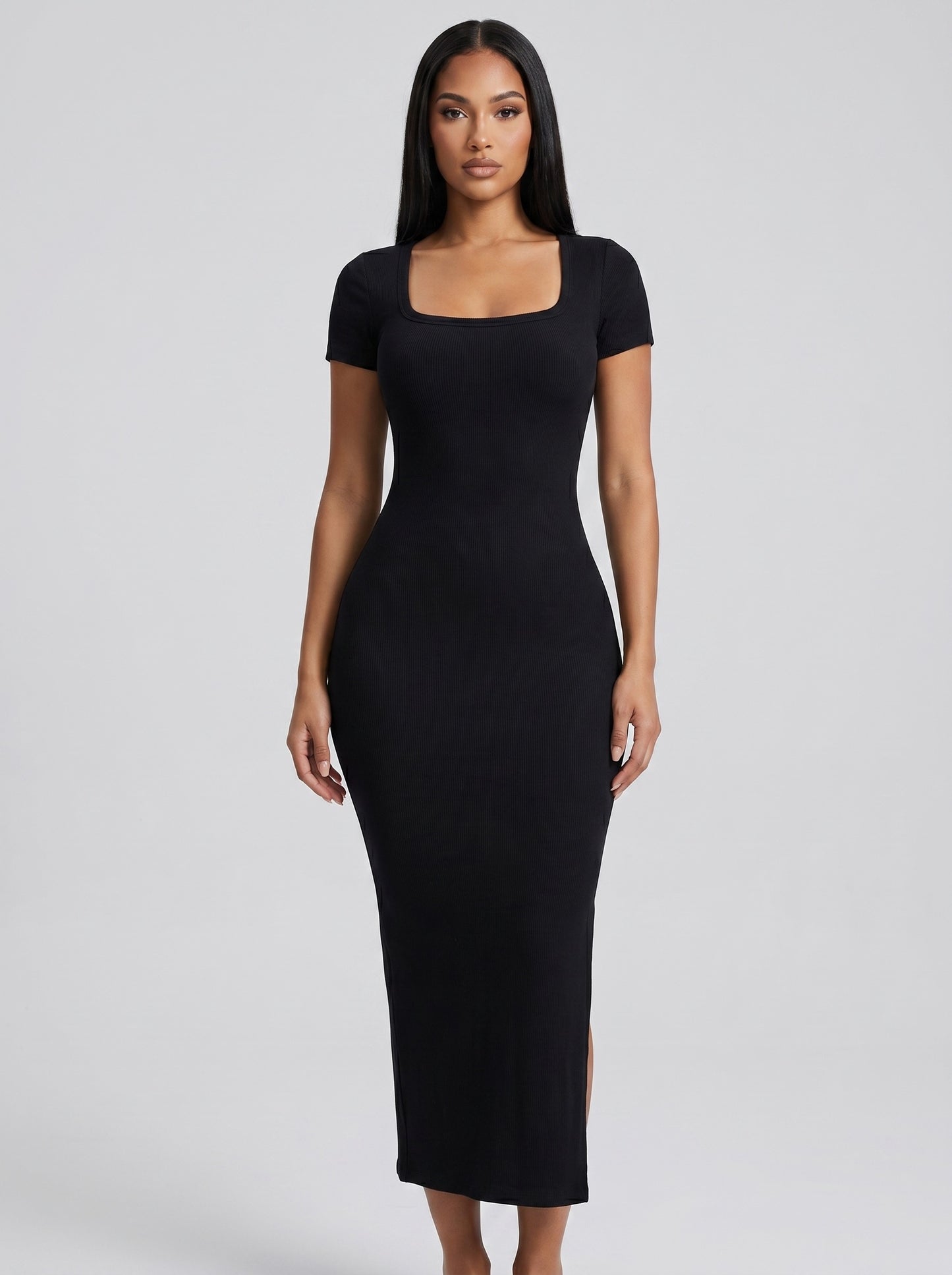 Carla Square-Neck Ribbed Midi Dress on model