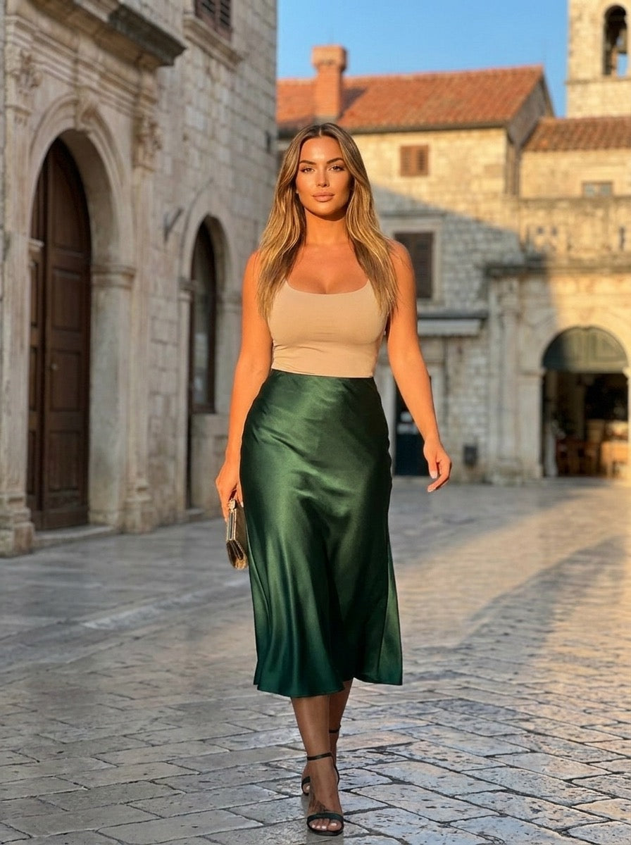 Carlina Satin Slip Midi Skirt on model
