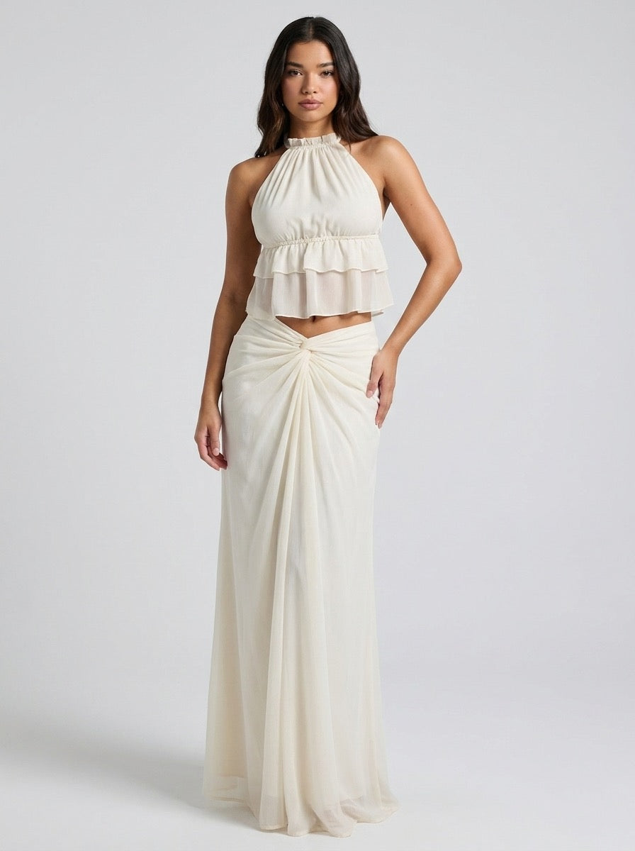 Carmelina Halter Ruffle Crop Top and Maxi Skirt Two-Piece Set on model