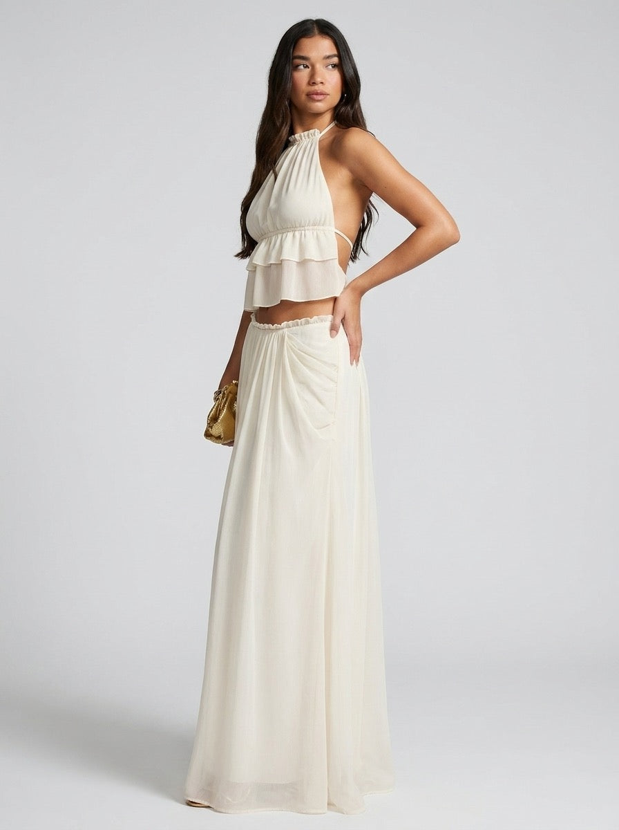 Carmelina Halter Ruffle Crop Top and Maxi Skirt Two-Piece Set on model
