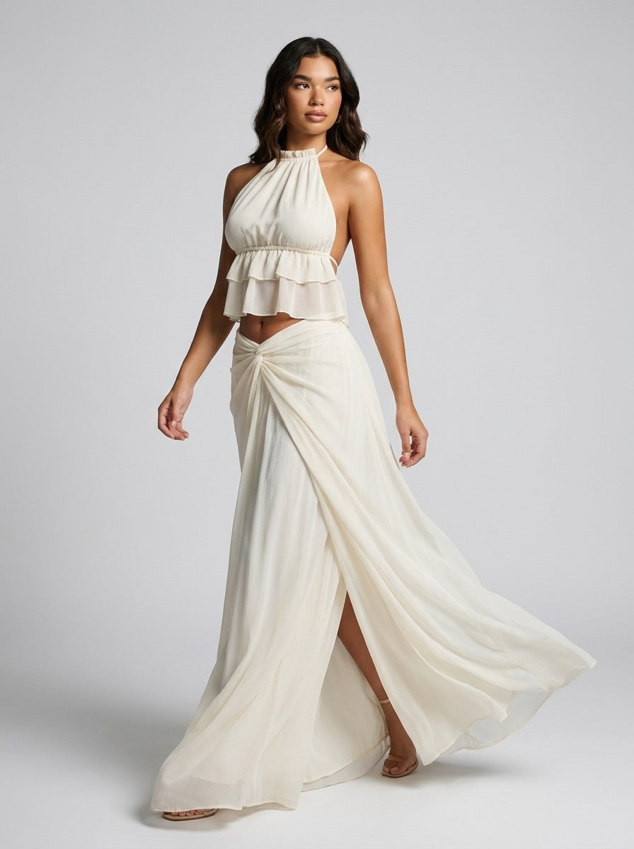 Carmelina Halter Ruffle Crop Top and Maxi Skirt Two-Piece Set on model