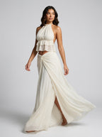 Carmelina Halter Ruffle Crop Top and Maxi Skirt Two-Piece Set on model