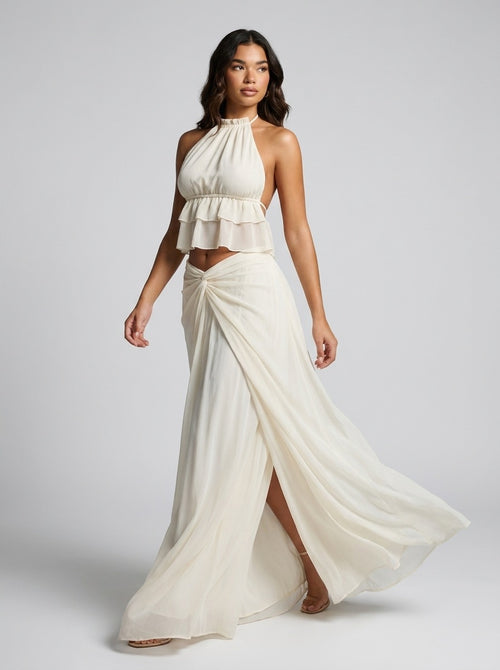 Carmelina Halter Ruffle Crop Top and Maxi Skirt Two-Piece Set on model