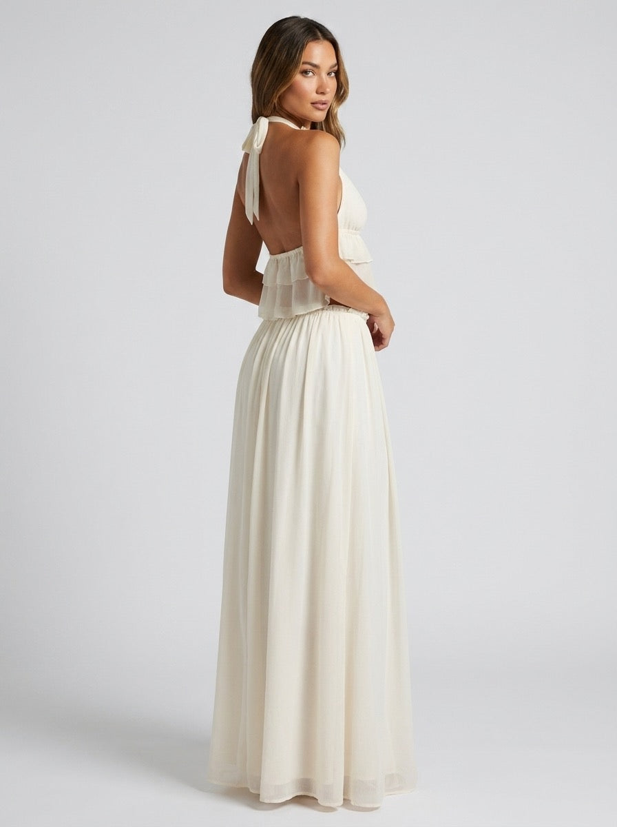 Carmelina Halter Ruffle Crop Top and Maxi Skirt Two-Piece Set on model