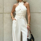 Romana Cross-Halter Belted Wide-Leg Jumpsuit