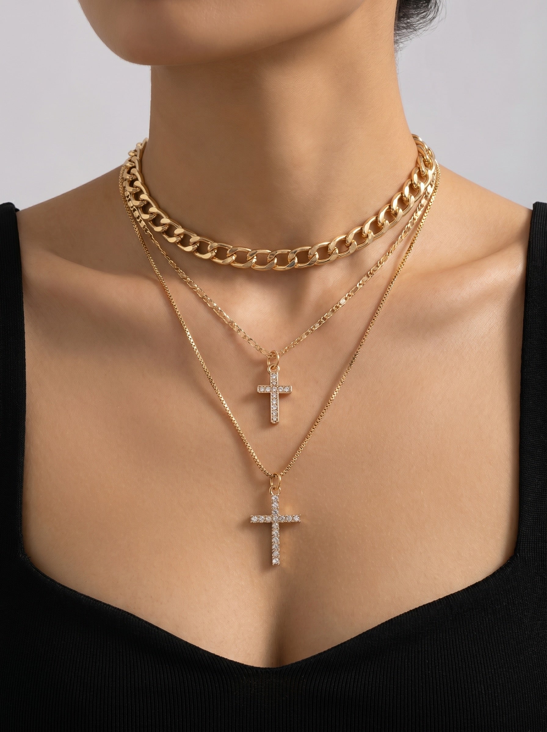 Celeste Layered Cross Necklace on model
