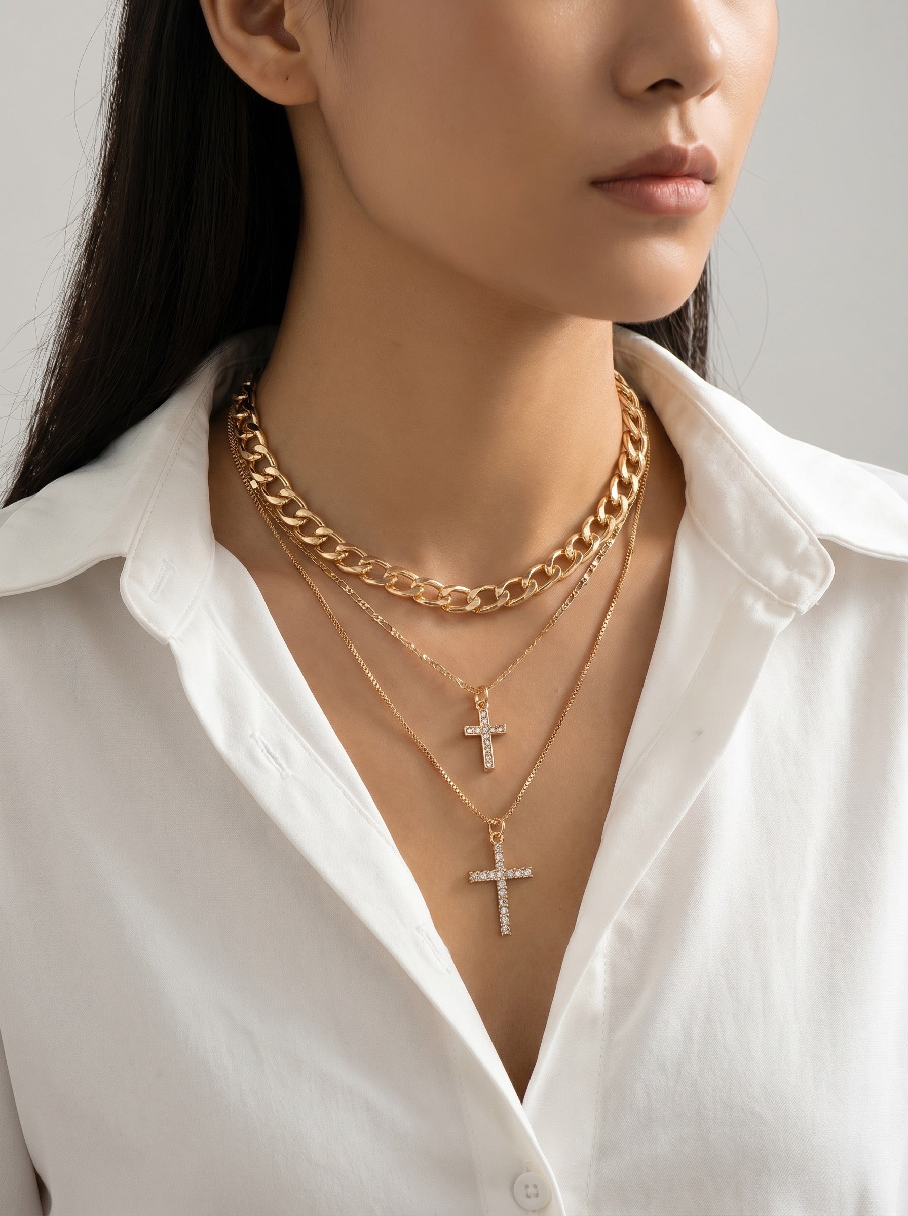 Celeste Layered Cross Necklace on model
