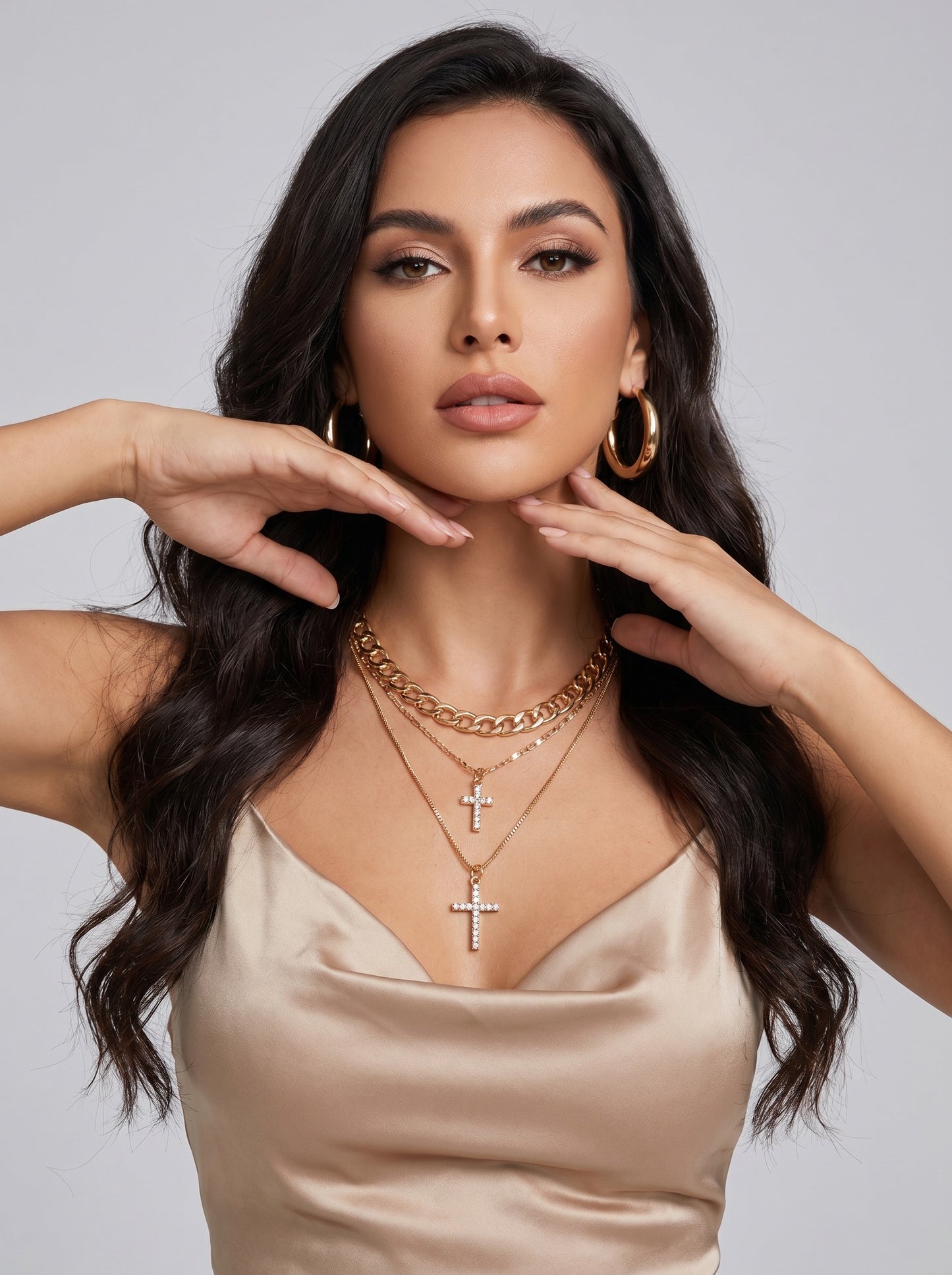Celeste Layered Cross Necklace on model