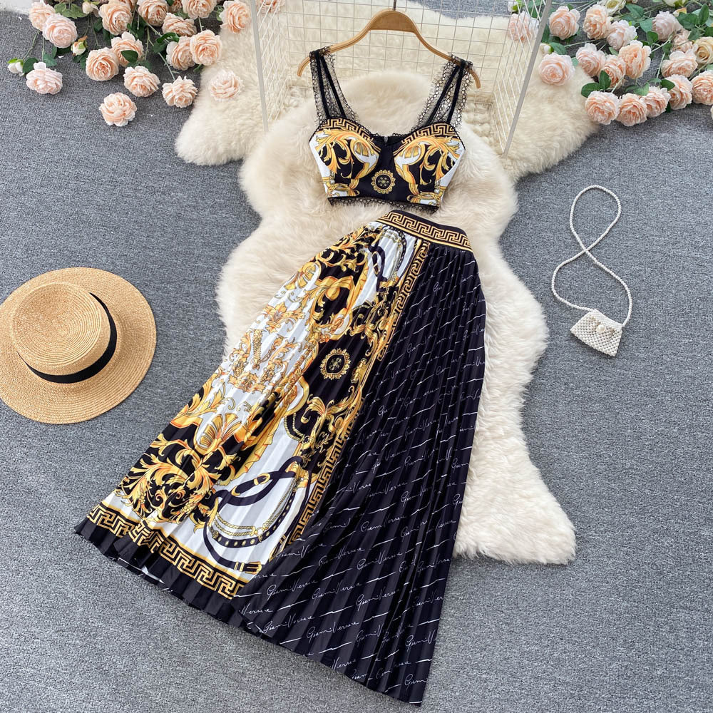 Albina Baroque-Print Corset Top & Pleated Skirt Set