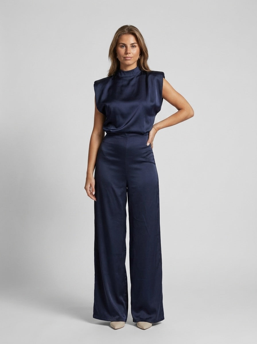 Cinzia Satin Mock-Neck Wide-Leg Jumpsuit on model