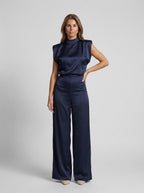 Cinzia Satin Mock-Neck Wide-Leg Jumpsuit on model