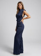 Cinzia Satin Mock-Neck Wide-Leg Jumpsuit on model