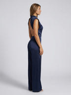 Cinzia Satin Mock-Neck Wide-Leg Jumpsuit on model