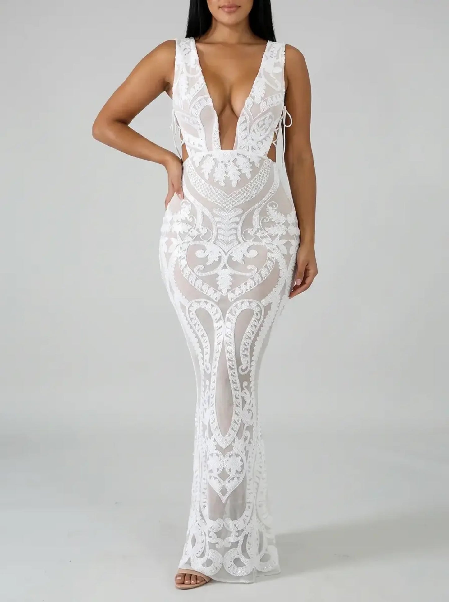 Cleo Sequin Cut-Out Maxi Dress on model