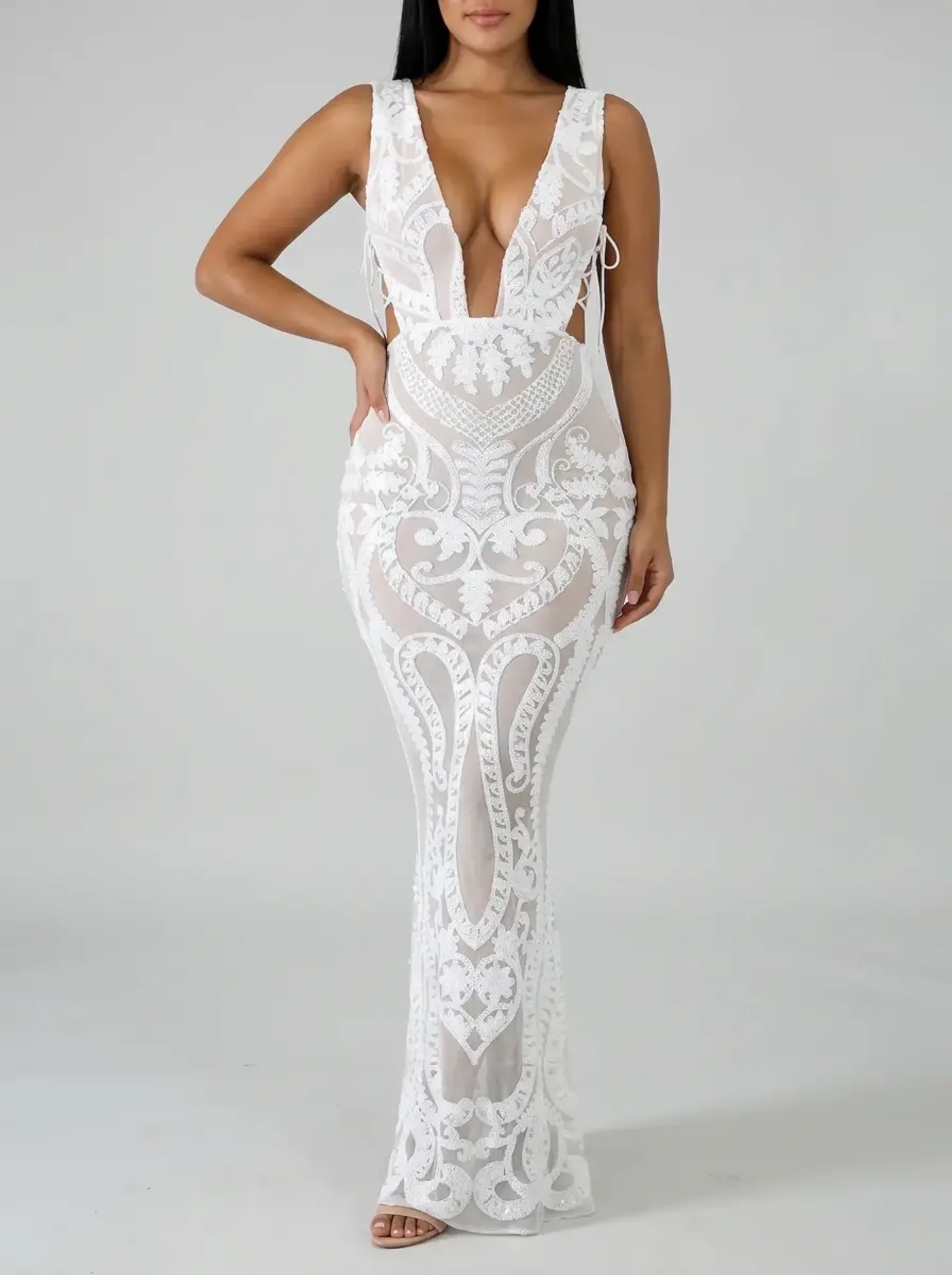 Cleo Sequin Cut-Out Maxi Dress on model