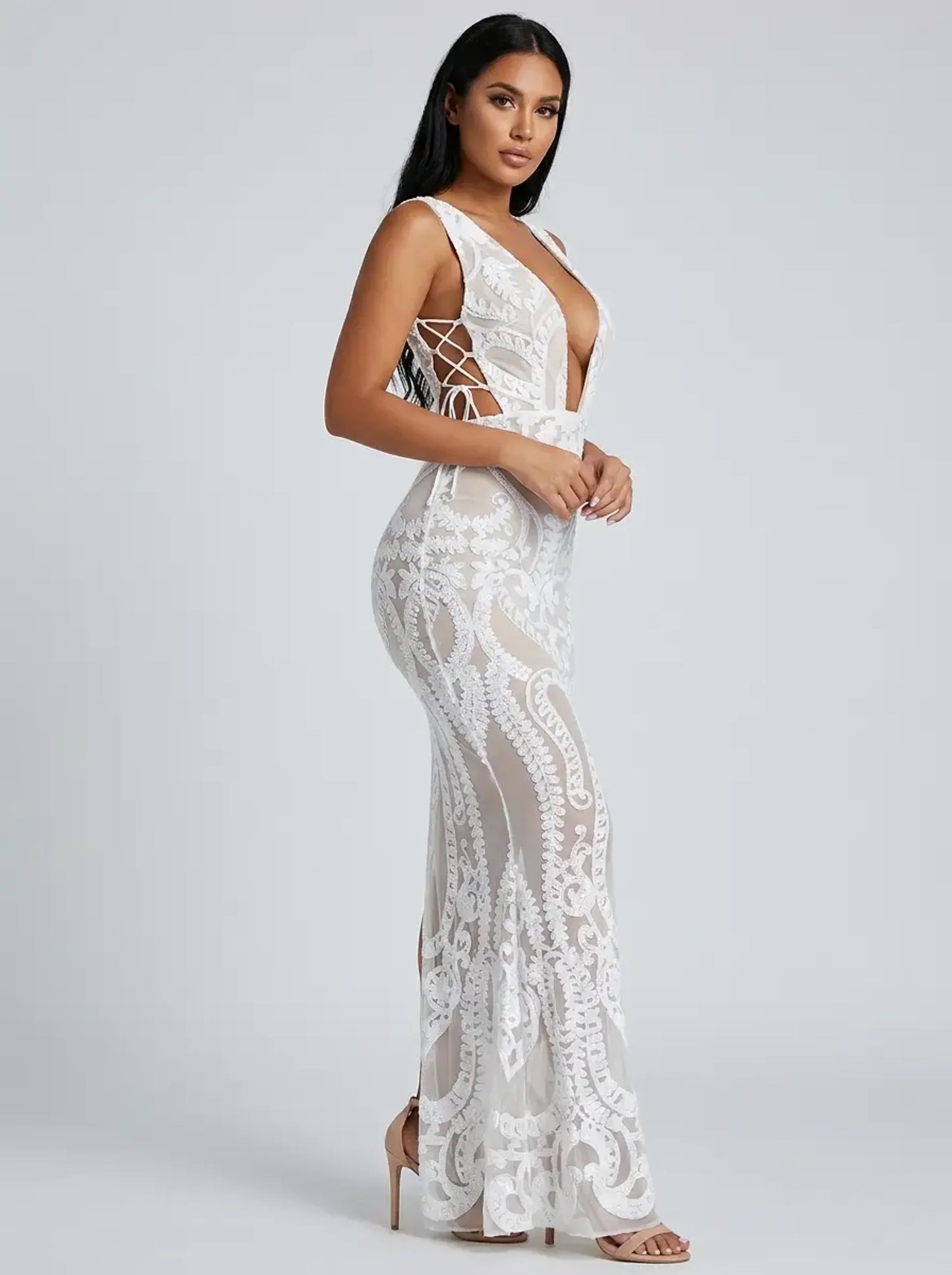 Cleo Sequin Cut-Out Maxi Dress on model