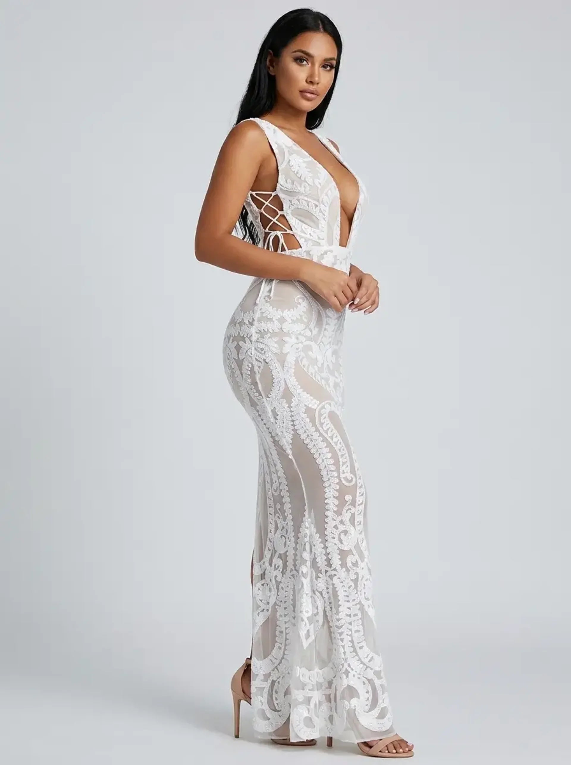 Cleo Sequin Cut-Out Maxi Dress on model
