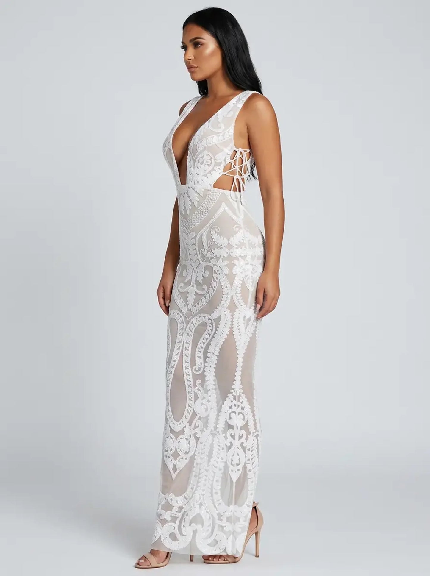 Cleo Sequin Cut-Out Maxi Dress on model