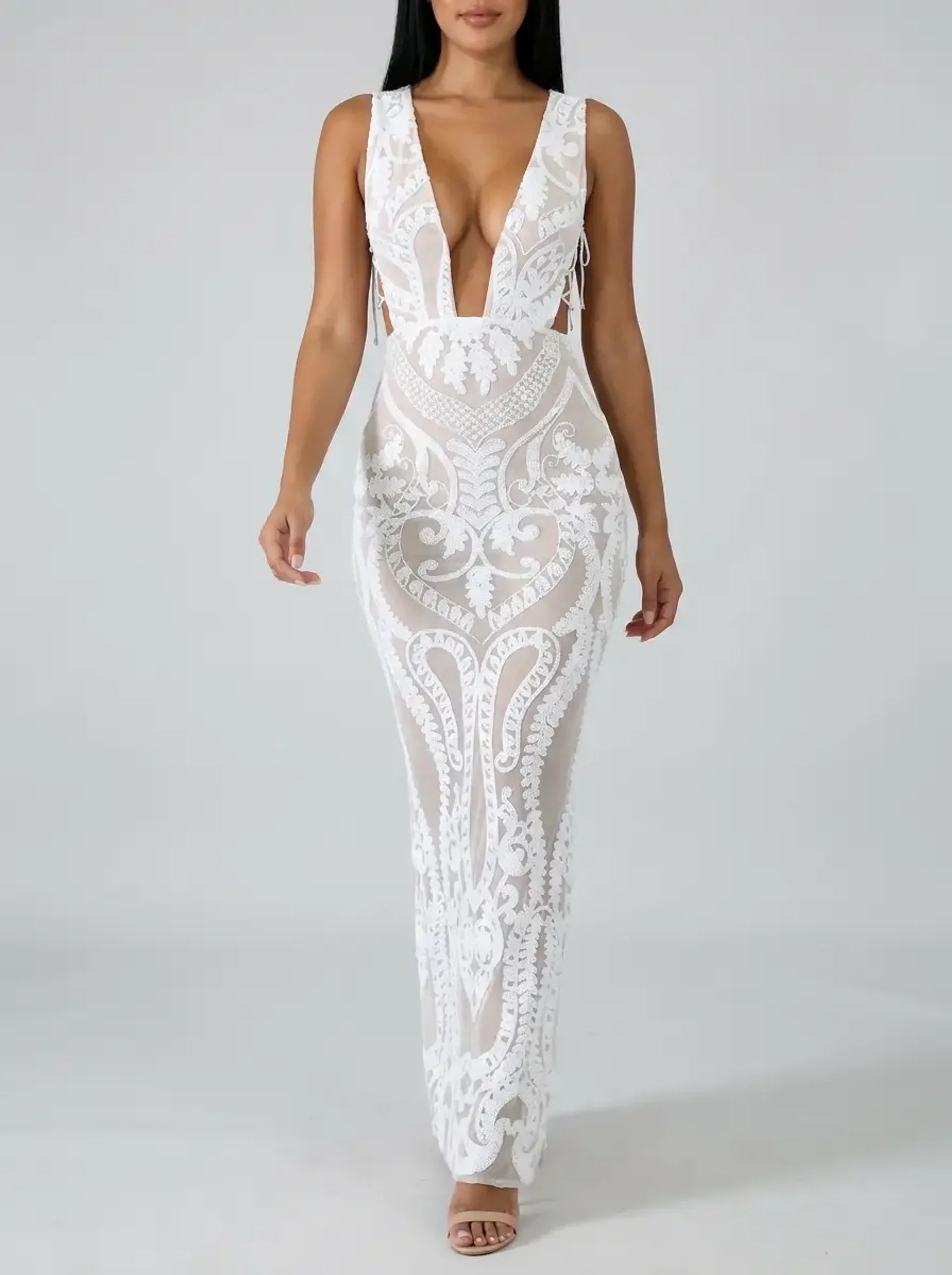 Cleo Sequin Cut-Out Maxi Dress on model