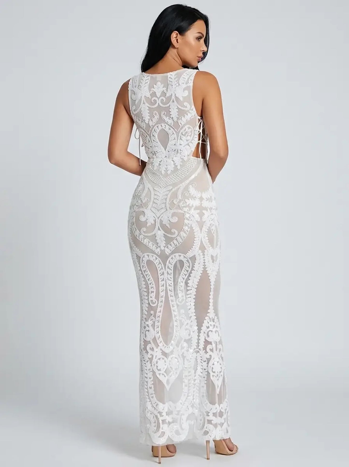 Cleo Sequin Cut-Out Maxi Dress on model