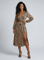 Concetta Leopard Print Satin Wrap Midi Dress on model
