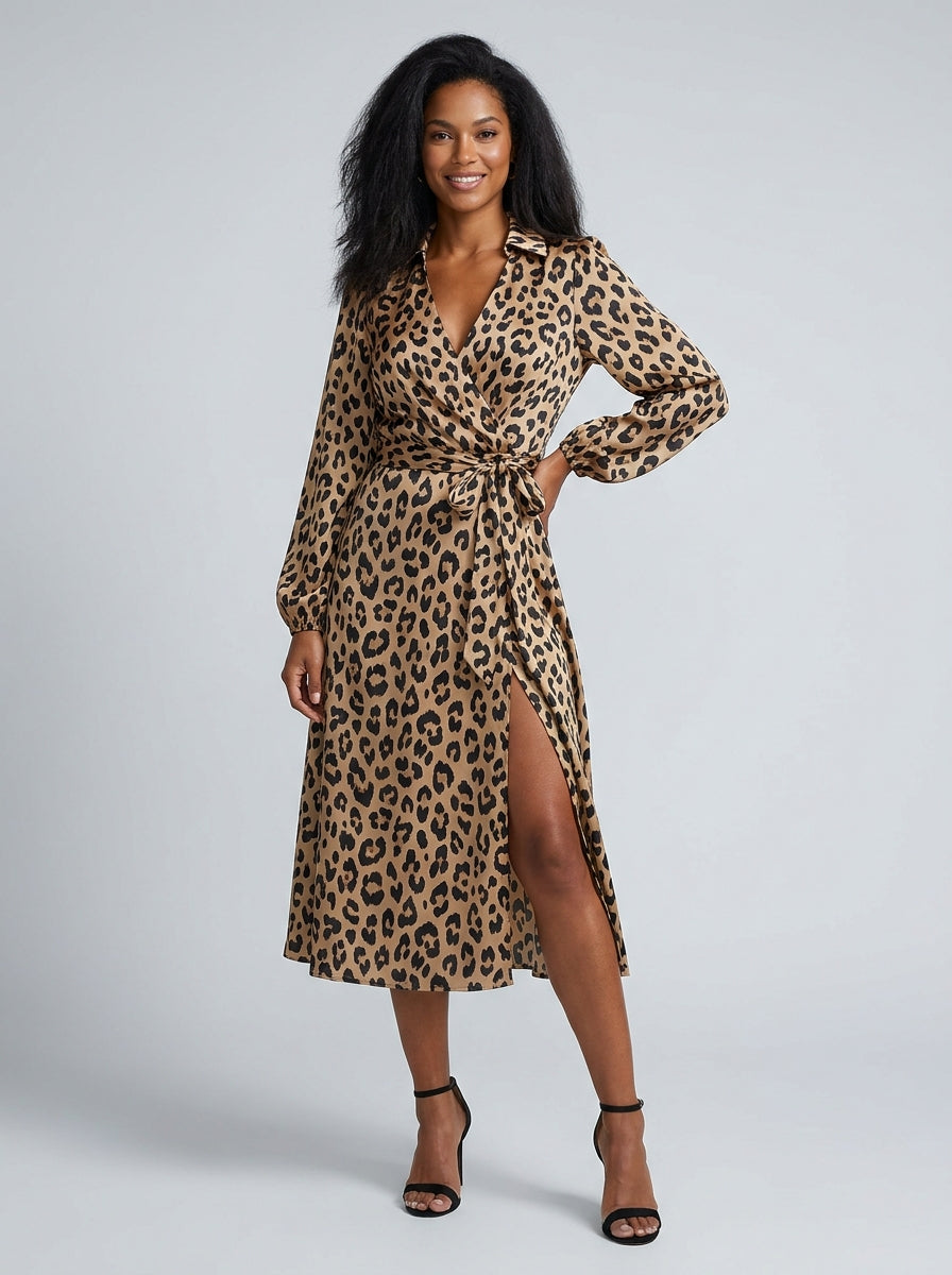 Concetta Leopard Print Satin Wrap Midi Dress on model