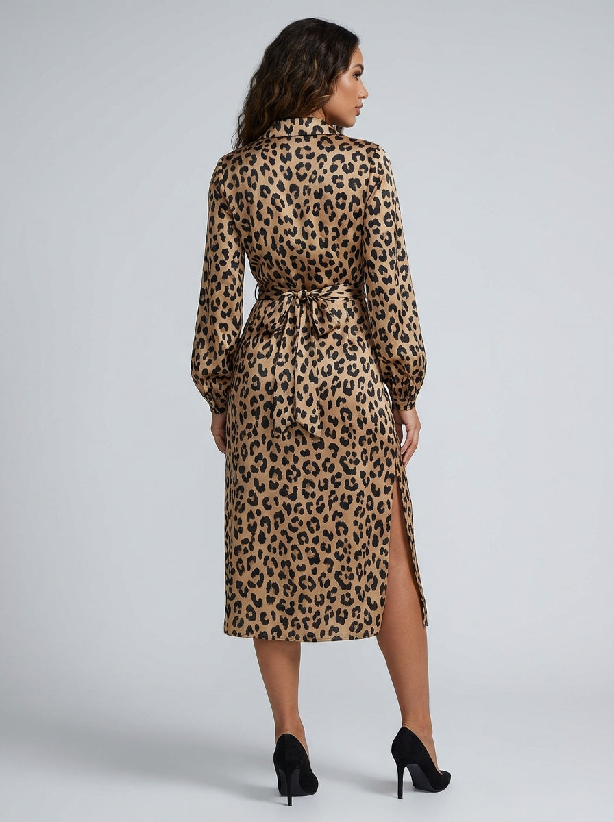 Concetta Leopard Print Satin Wrap Midi Dress on model
