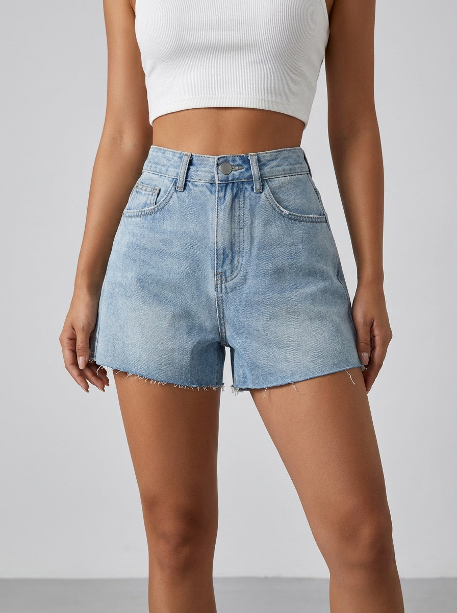 Cornelia High Waist Frayed Denim Shorts on model