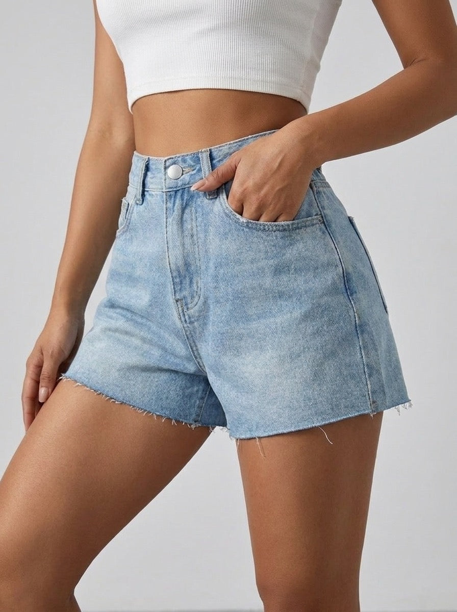 Cornelia High Waist Frayed Denim Shorts on model
