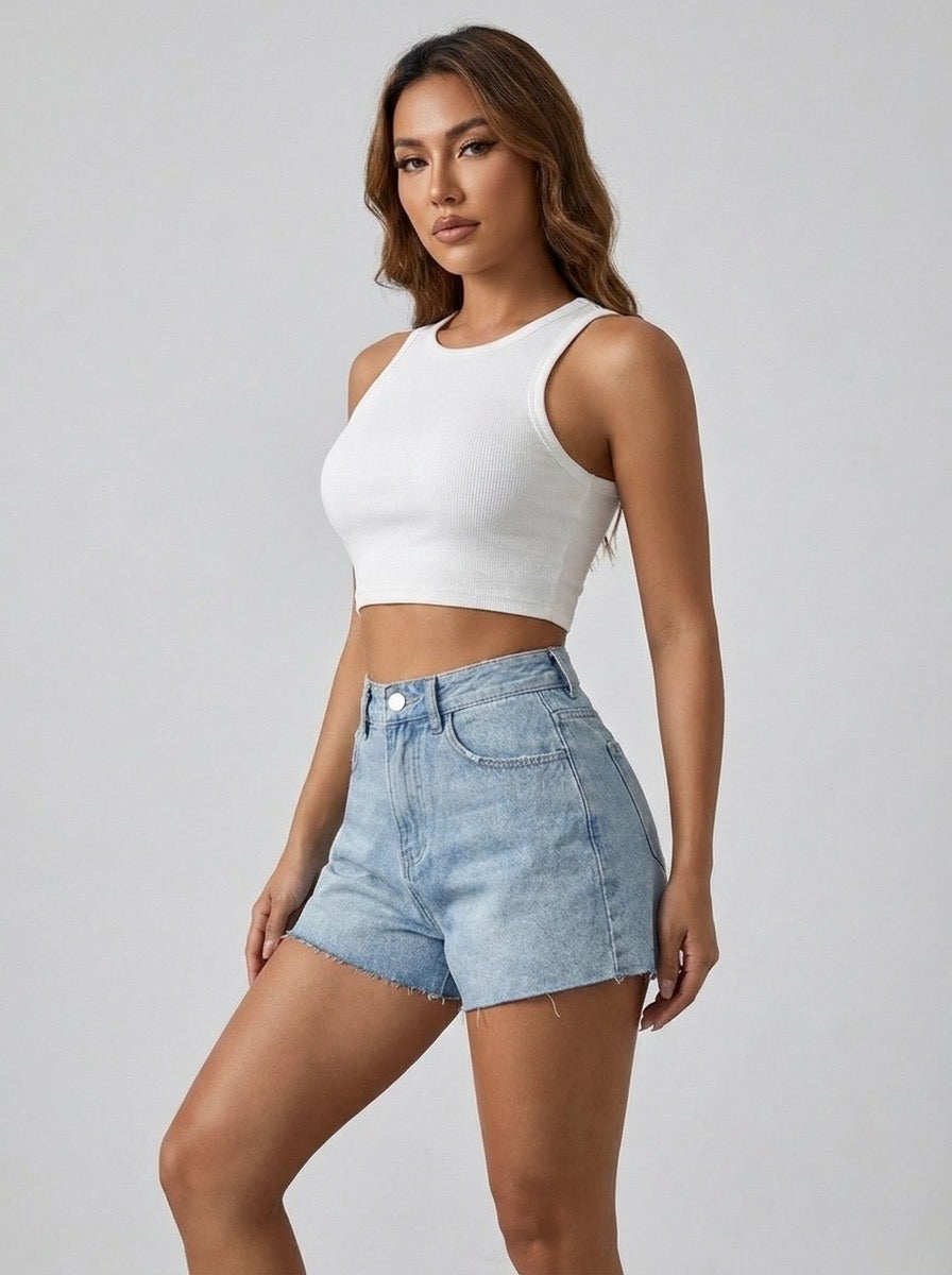 Cornelia High Waist Frayed Denim Shorts on model