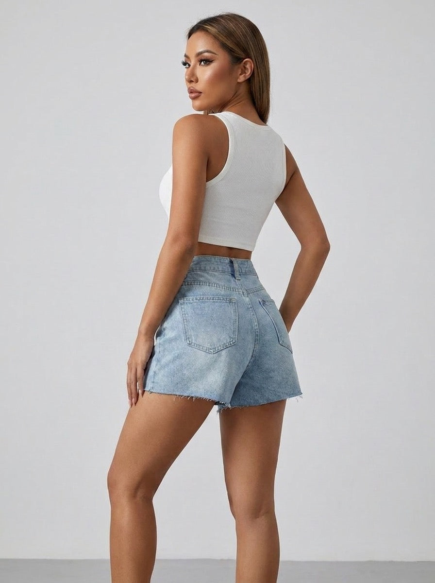 Cornelia High Waist Frayed Denim Shorts on model
