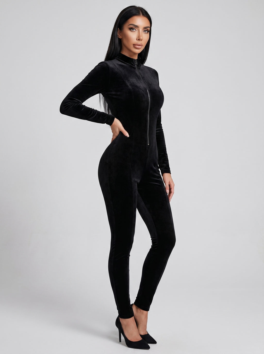 Cosima Velvet Catsuit Jumpsuit on model