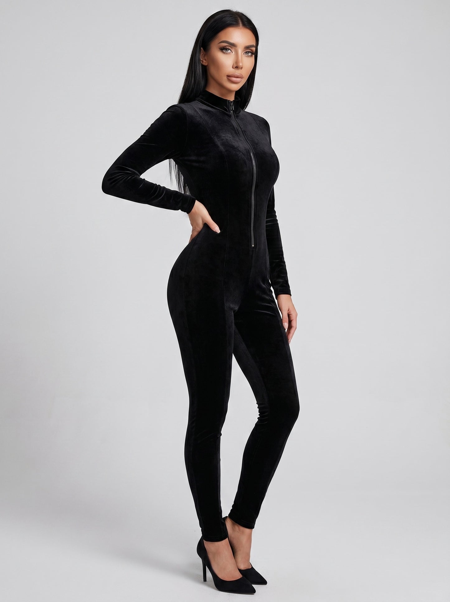 Cosima Velvet Catsuit Jumpsuit on model