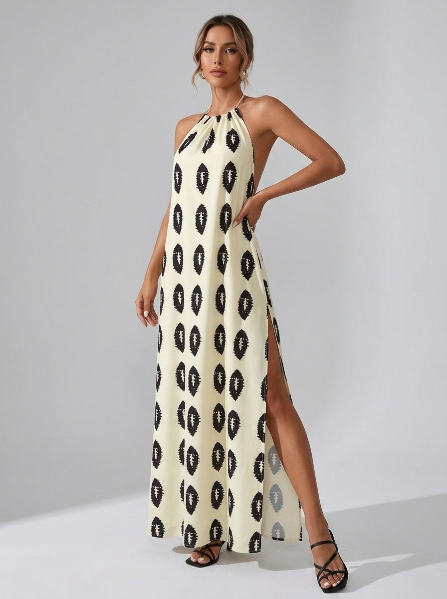 Costiera Ikat-Print Halter Slit Maxi Dress on model