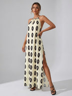 Costiera Ikat-Print Halter Slit Maxi Dress on model