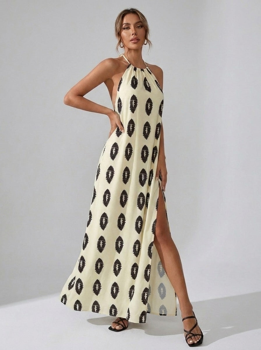 Costiera Ikat-Print Halter Slit Maxi Dress on model