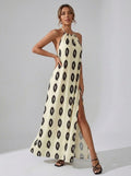 Costiera Ikat-Print Halter Slit Maxi Dress on model