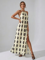 Costiera Ikat-Print Halter Slit Maxi Dress on model