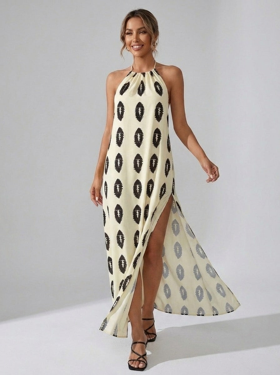 Costiera Ikat-Print Halter Slit Maxi Dress on model