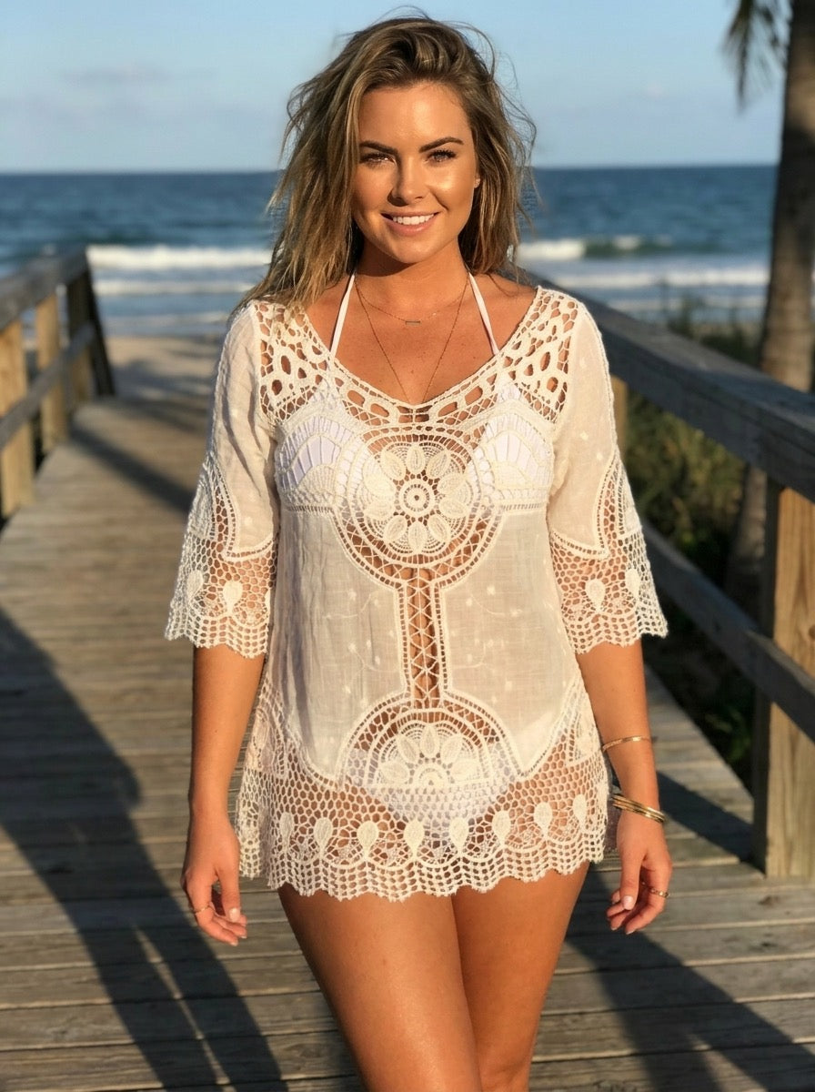 Cristiana Crochet Lace Beach Top on model